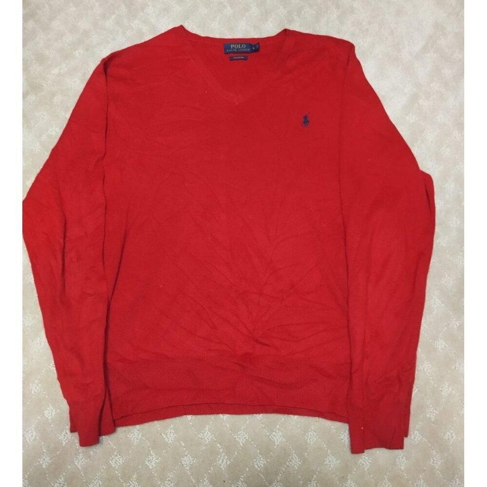 Polo Ralph Lauren Men's Large V-Neck Sweater Red Pima Cotton Knit